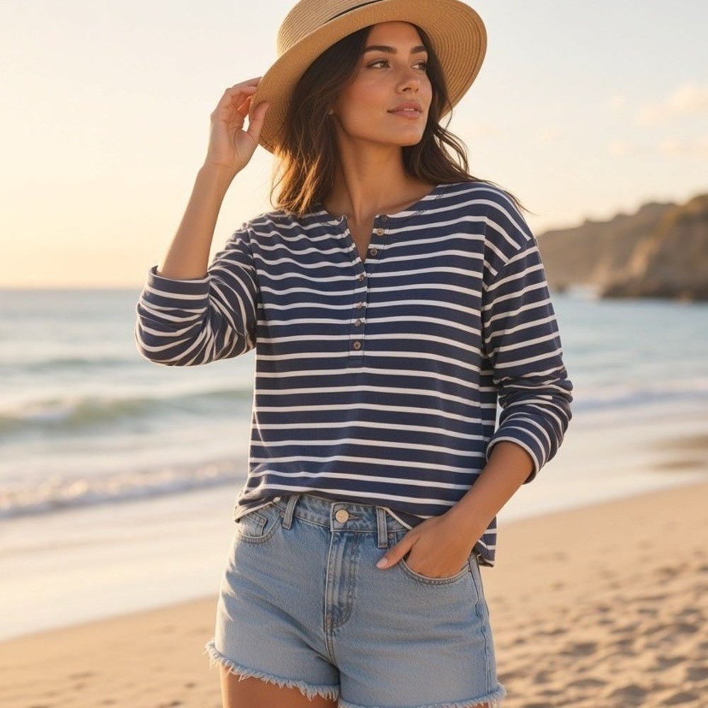 Old Navy Navy White Striped Henley Shirt XS Coastal Grandma Preppy Minimalist